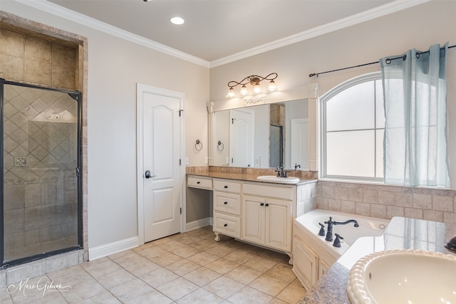 bathroom featuring vanity, tile patterned flooring, crown molding, and separate shower and tub