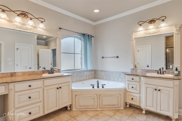 bathroom with crown molding, tile patterned floors, vanity, and a bath