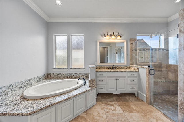 bathroom featuring vanity, crown molding, and shower with separate bathtub