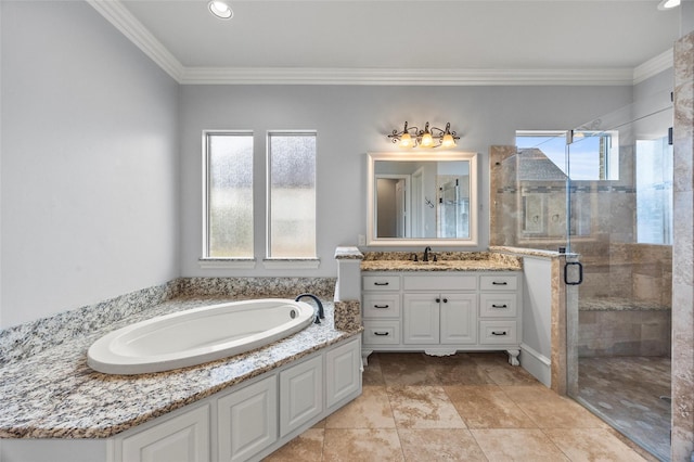909 Reflection Ct, Heath, TX 75032 - full bath featuring plenty of natural light, vanity, a garden tub, ornamental molding, and a shower stall
