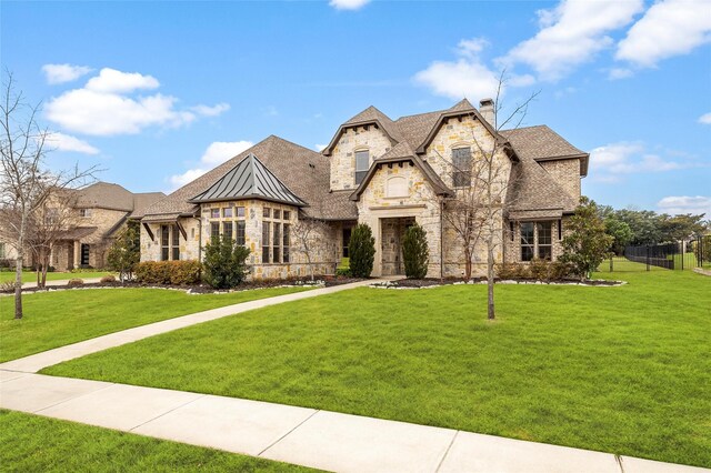 909 Reflection Ct, Heath, TX 75032 - french country home featuring stone siding, a chimney, and a standing seam roof