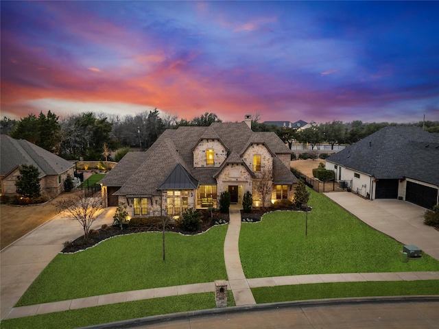 909 Reflection Ct, Heath, TX 75032 - french country home with stone siding, driveway, a lawn, a garage, and a chimney