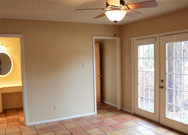 doorway to outside with light tile patterned flooring, ceiling fan, a textured ceiling, and french doors