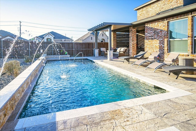 view of pool with a fenced backyard, a fenced in pool, and a patio