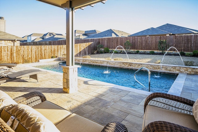 view of swimming pool featuring a patio area, a fenced backyard, and a fenced in pool