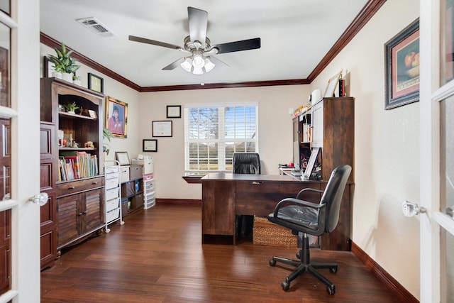 home office featuring crown molding, ceiling fan, and dark hardwood / wood-style flooring