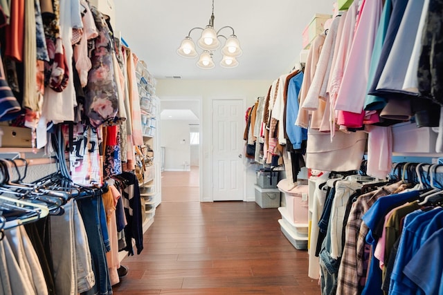 spacious closet featuring dark hardwood / wood-style floors and a chandelier