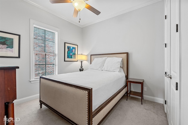 bedroom featuring multiple windows, ornamental molding, and light carpet