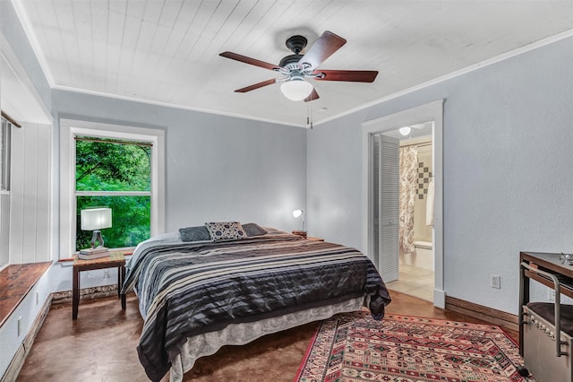 bedroom featuring crown molding, ceiling fan, and ensuite bathroom