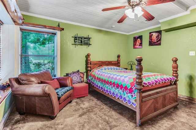 bedroom featuring ceiling fan and ornamental molding