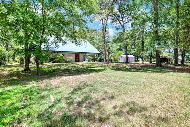 view of yard featuring a storage shed