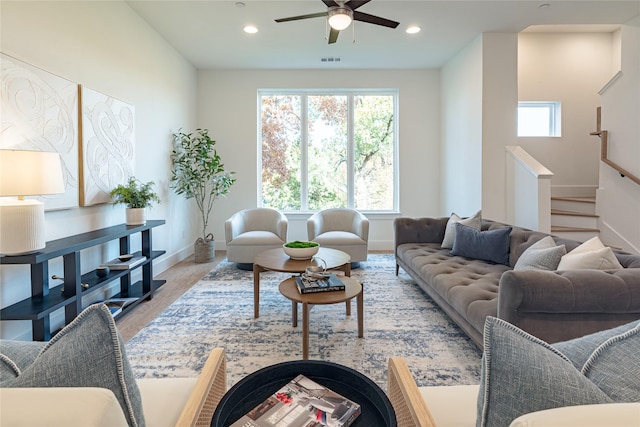 living room with ceiling fan