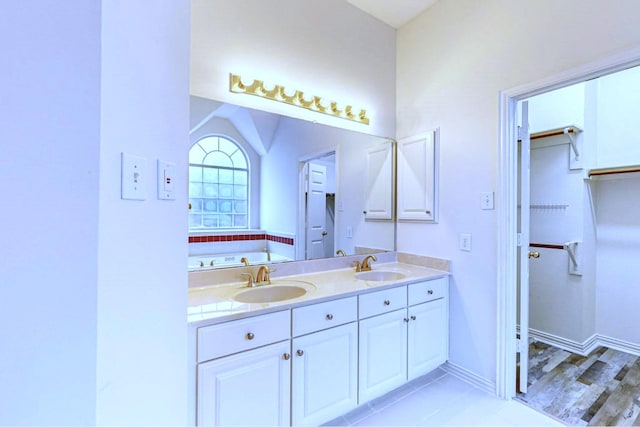 bathroom featuring vanity and a washtub