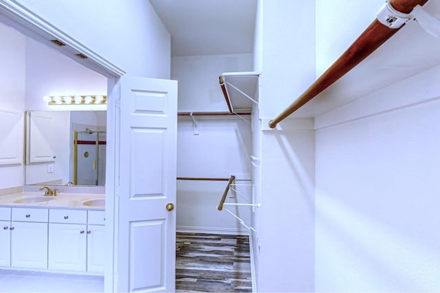 walk in closet with sink and hardwood / wood-style floors