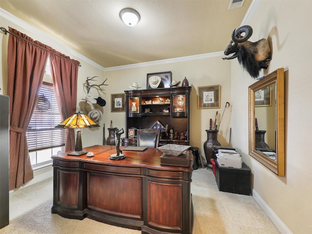 carpeted office space with crown molding