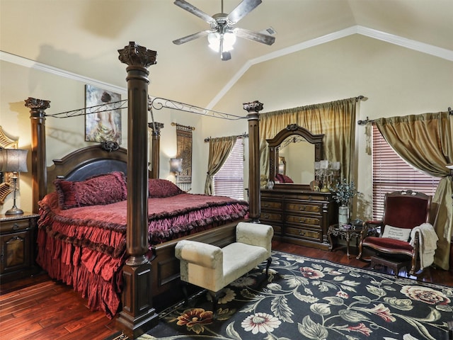 bedroom featuring hardwood / wood-style flooring, vaulted ceiling, ornamental molding, and ceiling fan