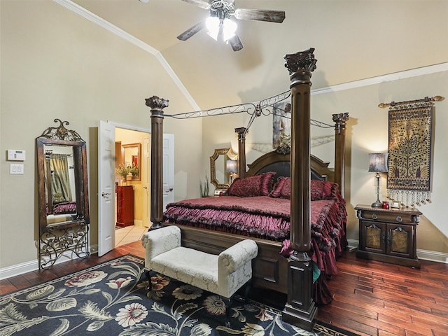 bedroom featuring high vaulted ceiling, hardwood / wood-style flooring, ornamental molding, and ceiling fan