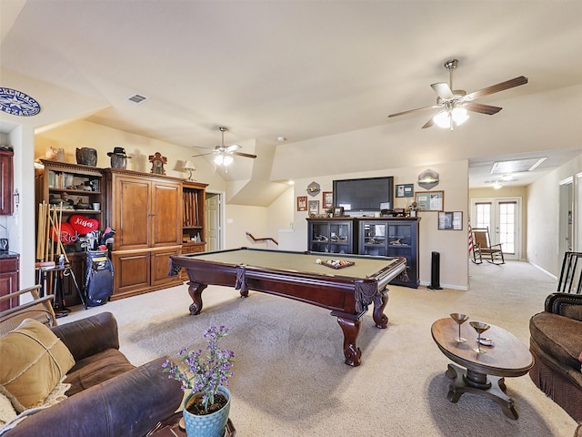 recreation room with ceiling fan, billiards, lofted ceiling, and light carpet