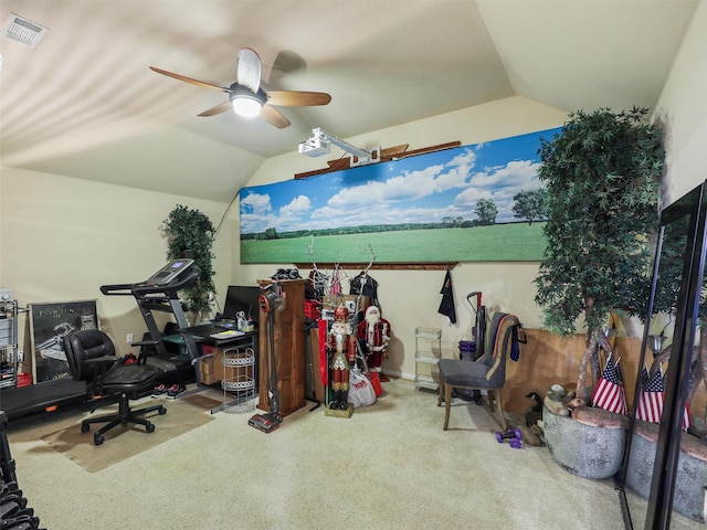 interior space with vaulted ceiling and ceiling fan