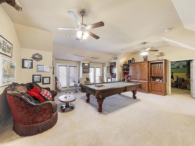 game room featuring lofted ceiling, pool table, ceiling fan, light carpet, and french doors