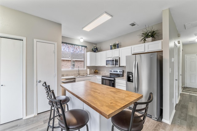 kitchen with sink, a kitchen breakfast bar, stainless steel appliances, a center island, and white cabinets