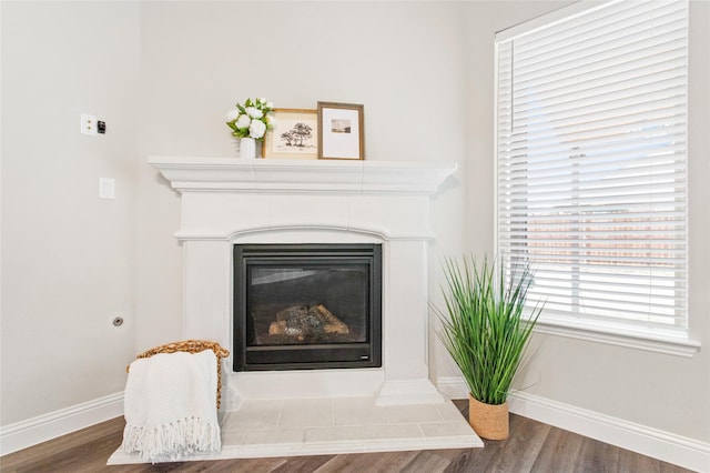 room details with wood-type flooring and a tiled fireplace