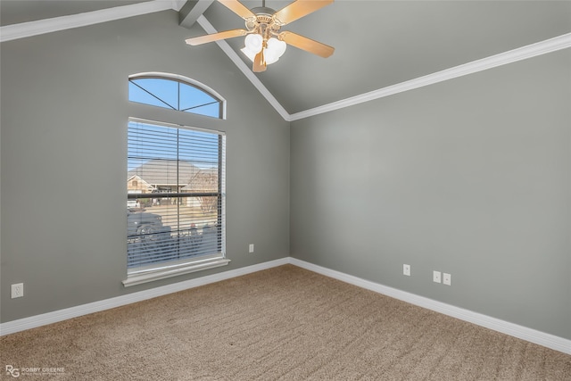 carpeted spare room featuring crown molding, high vaulted ceiling, and ceiling fan