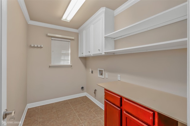 washroom featuring cabinets, light tile patterned floors, hookup for a washing machine, hookup for an electric dryer, and hookup for a gas dryer