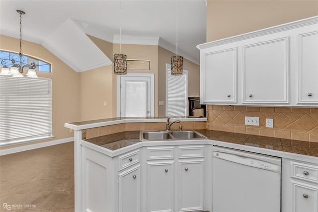 kitchen featuring sink, white cabinetry, white dishwasher, decorative light fixtures, and kitchen peninsula