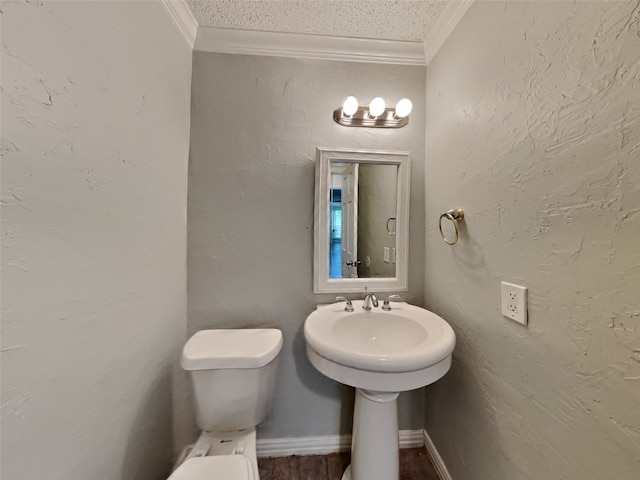 bathroom with ornamental molding and toilet