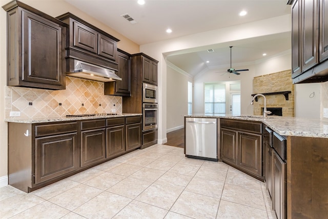 kitchen with stainless steel appliances, dark brown cabinets, sink, and ceiling fan