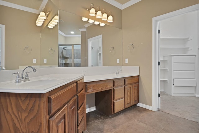 bathroom featuring crown molding, vanity, tile patterned flooring, and walk in shower