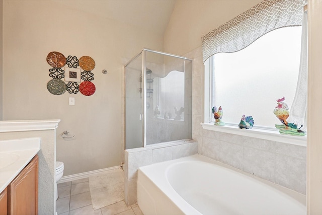 full bathroom with vanity, separate shower and tub, tile patterned floors, and toilet