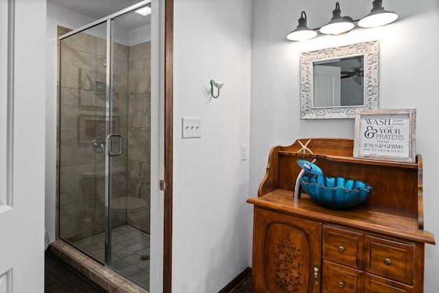 bathroom featuring vanity and walk in shower