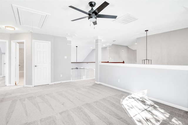 interior space with lofted ceiling, light colored carpet, and ceiling fan