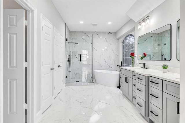 bathroom with vanity and plus walk in shower