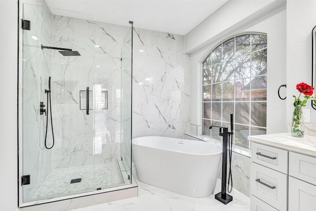 bathroom featuring vanity and plus walk in shower