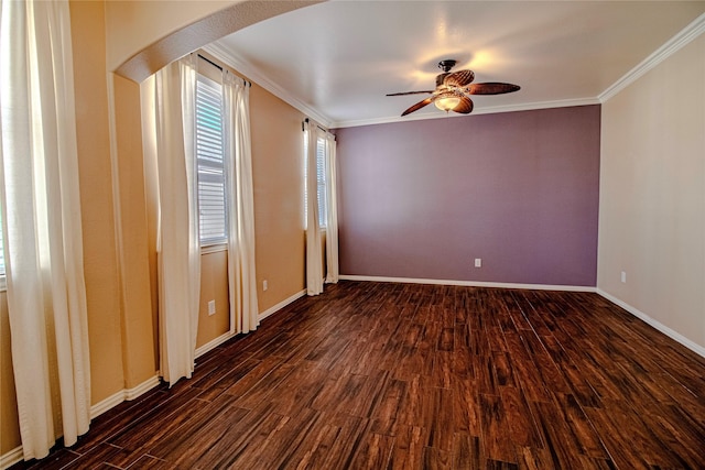 unfurnished room with dark hardwood / wood-style flooring, crown molding, and ceiling fan