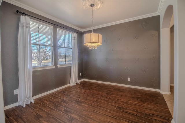 unfurnished dining area with crown molding and dark hardwood / wood-style floors