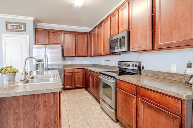 kitchen featuring sink, light tile patterned floors, ornamental molding, and stainless steel appliances