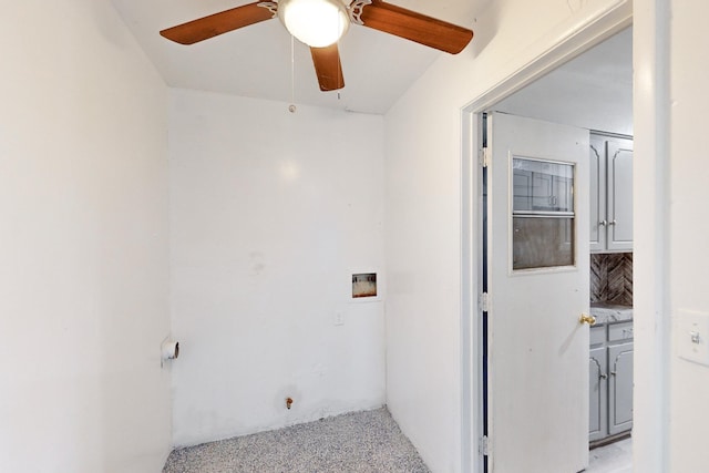 washroom with light carpet, cabinets, and ceiling fan