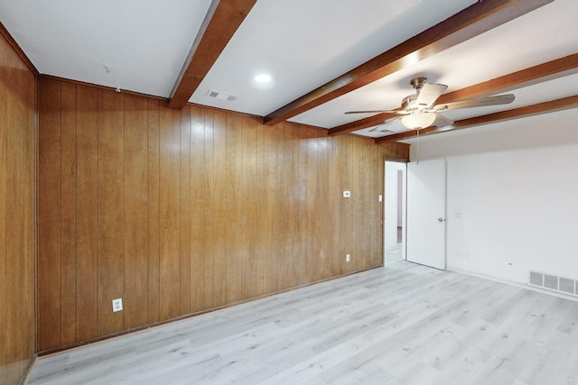 empty room with beamed ceiling, ceiling fan, light hardwood / wood-style floors, and wood walls