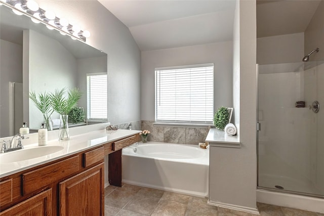 4201 Broken Bend Blvd, Fort Worth, TX 76244 - full bath with a stall shower, vanity, a bath, and vaulted ceiling