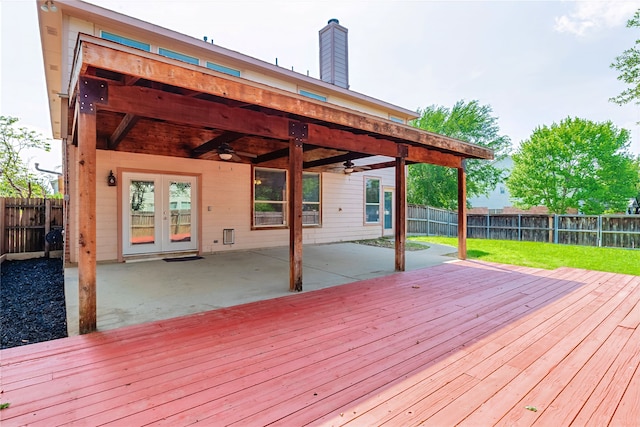 4201 Broken Bend Blvd, Fort Worth, TX 76244 - wooden terrace featuring a ceiling fan, a fenced backyard, french doors, and a patio