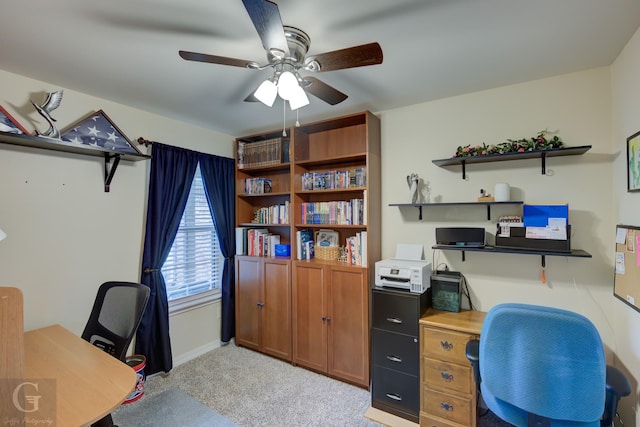 office with ceiling fan and light colored carpet