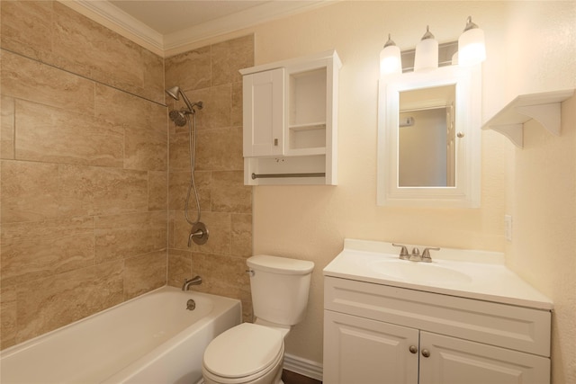 full bathroom with crown molding, tiled shower / bath, vanity, and toilet