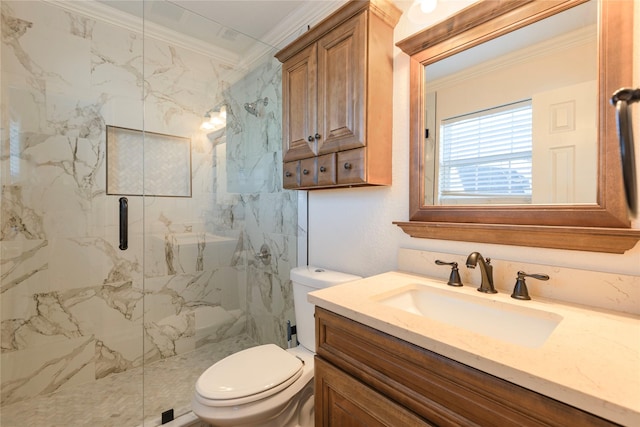 bathroom featuring crown molding, vanity, an enclosed shower, and toilet