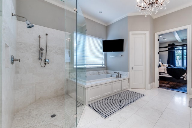 bathroom with crown molding, shower with separate bathtub, and a notable chandelier