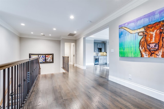 corridor with wine cooler, crown molding, and dark hardwood / wood-style floors