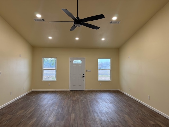 entryway with ceiling fan and dark hardwood / wood-style floors